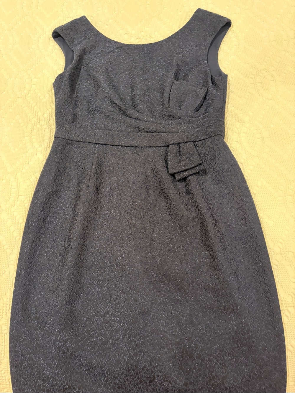 Kay Unger Dark Blue Textured Sheath Dress with Waist Bow